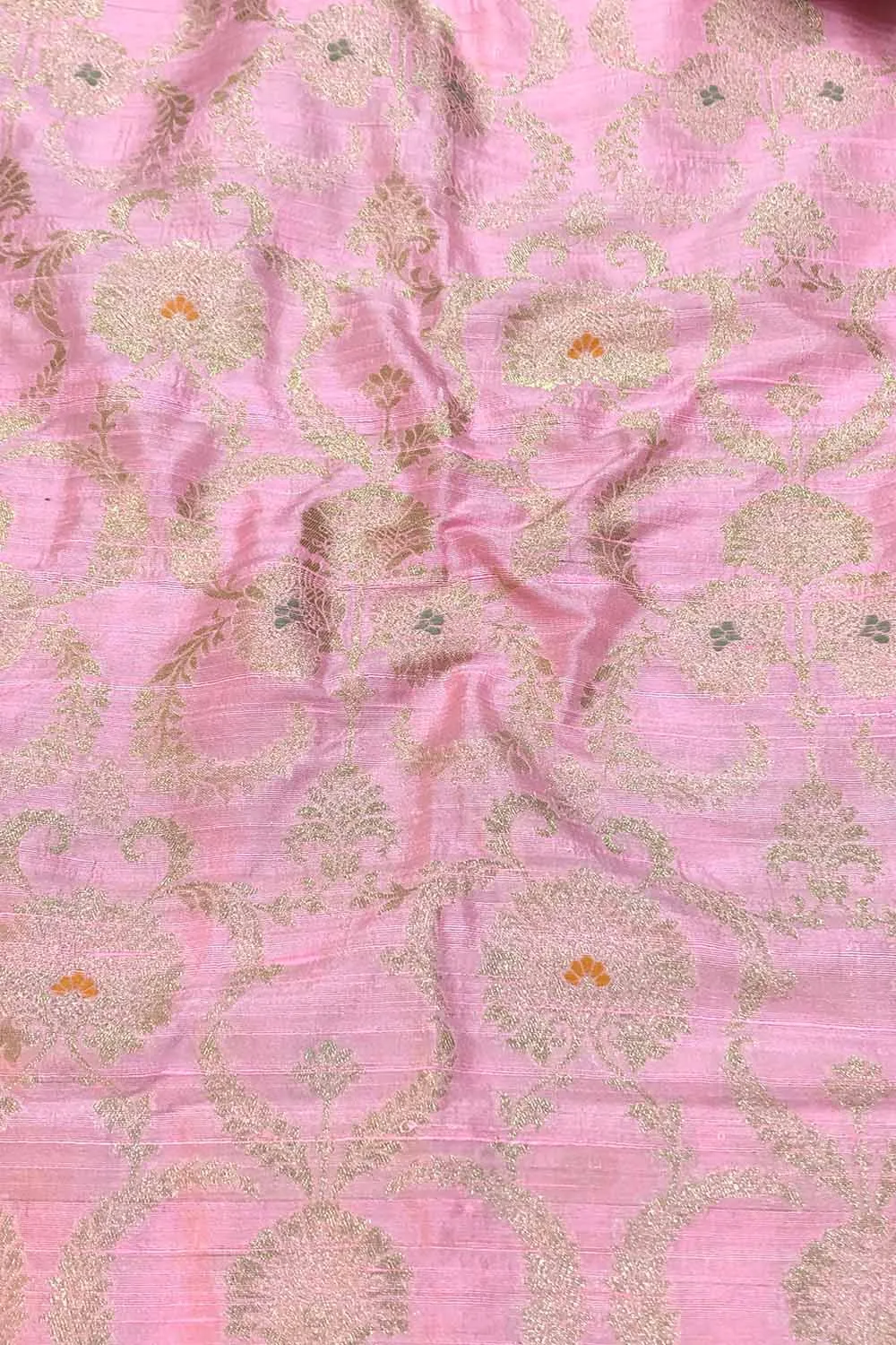 Exquisite Pink Banarasi Pure Raw Silk Meenakari Fabric ( 1 Mtr )