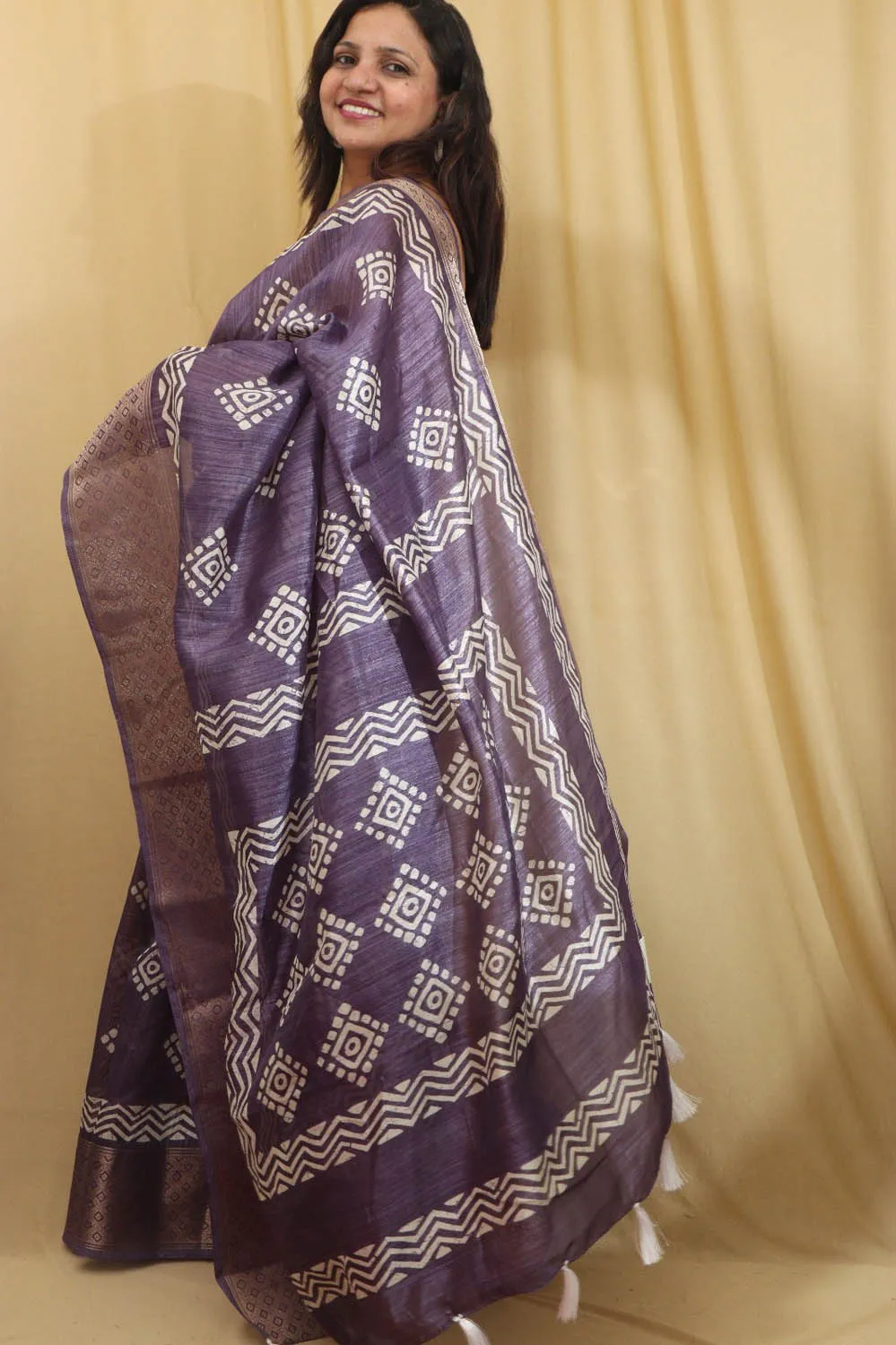 Exquisite Purple Block Printed Tussar Silk Saree