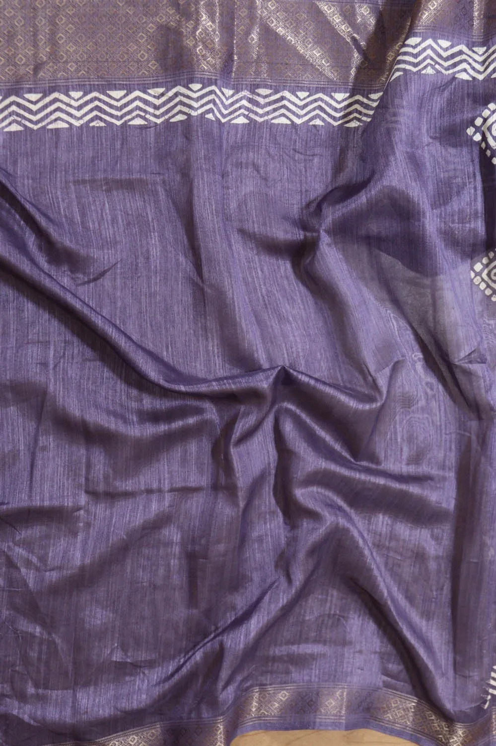 Exquisite Purple Block Printed Tussar Silk Saree