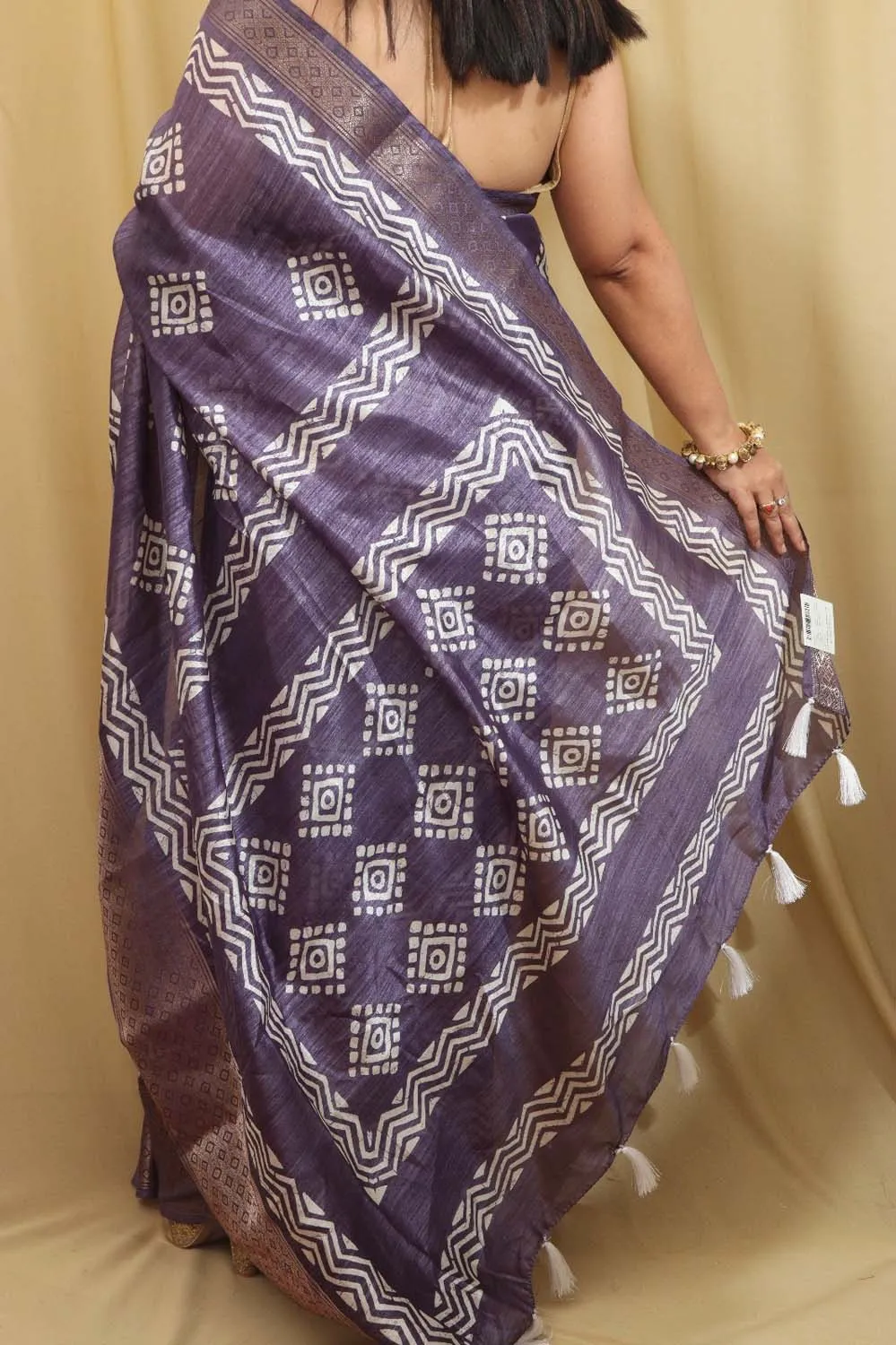 Exquisite Purple Block Printed Tussar Silk Saree