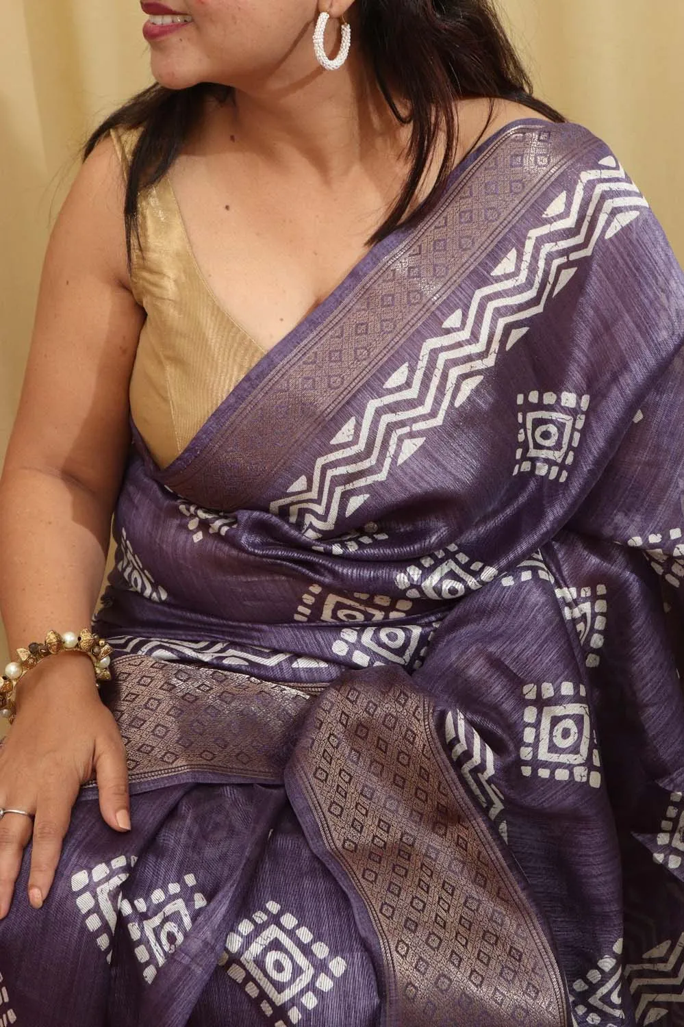 Exquisite Purple Block Printed Tussar Silk Saree