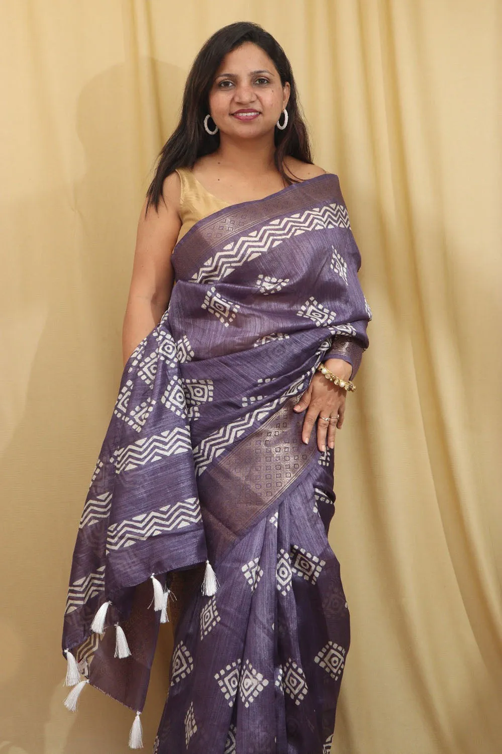 Exquisite Purple Block Printed Tussar Silk Saree