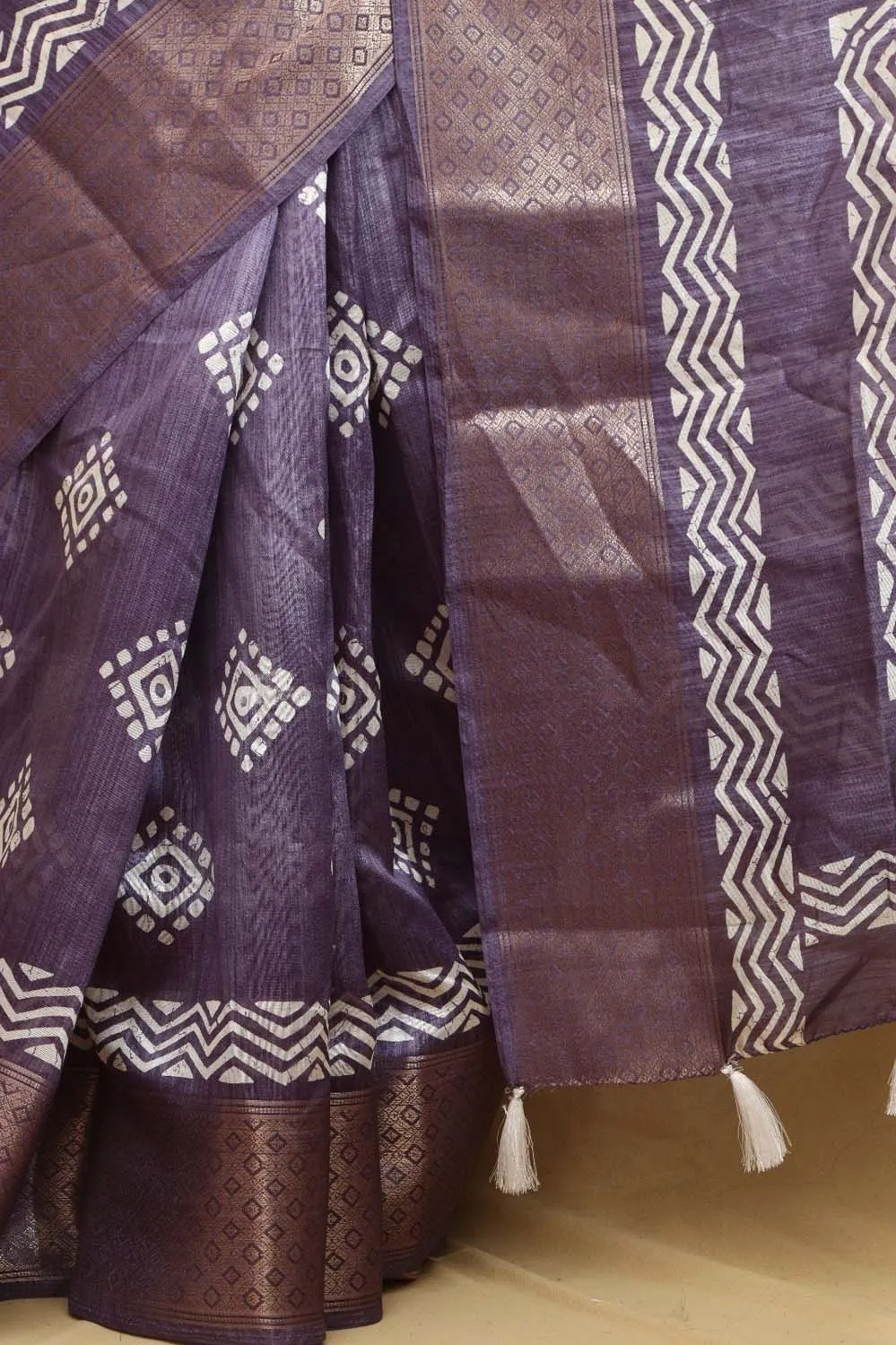 Exquisite Purple Block Printed Tussar Silk Saree