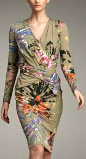 Floral Abstract Print V-Neck Ruched Jersey Dress-Multi Color