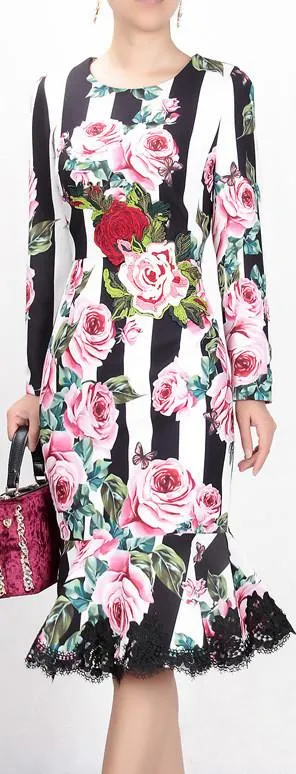 Floral & Striped Printed Lace-Hem Fluted Dress