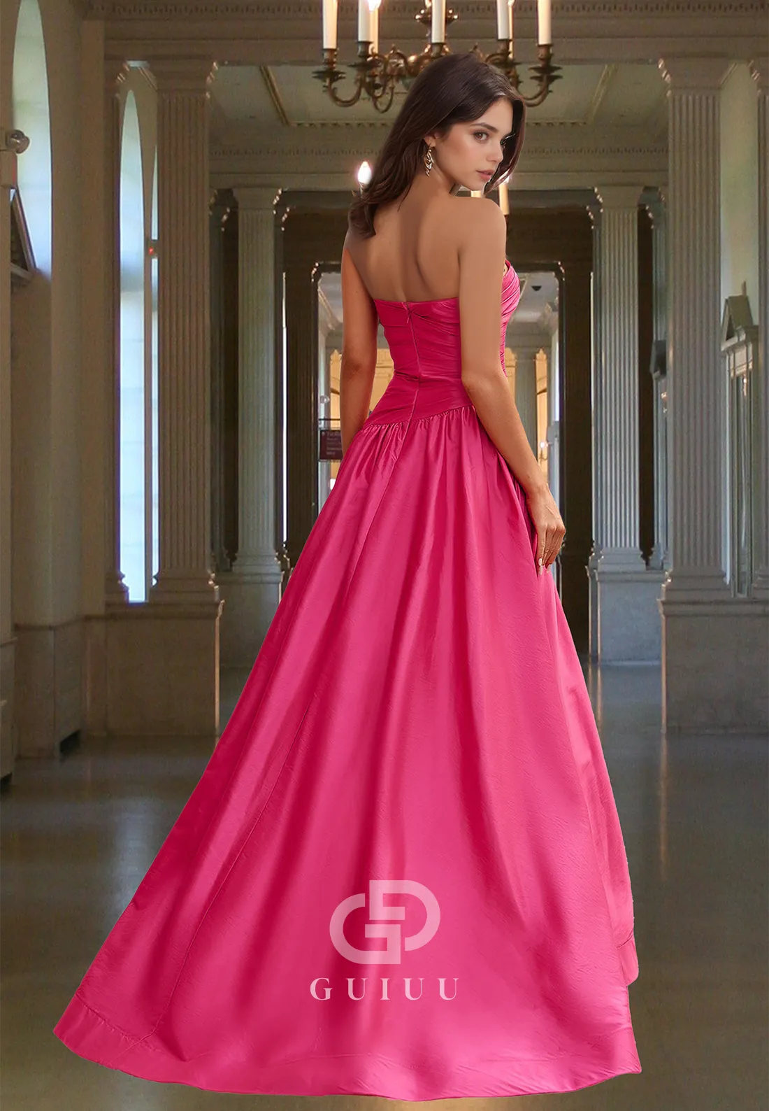 Fuchsia A-Line Strapless Sleeveless prom Dress with Slit Ruched Evening Party Dress