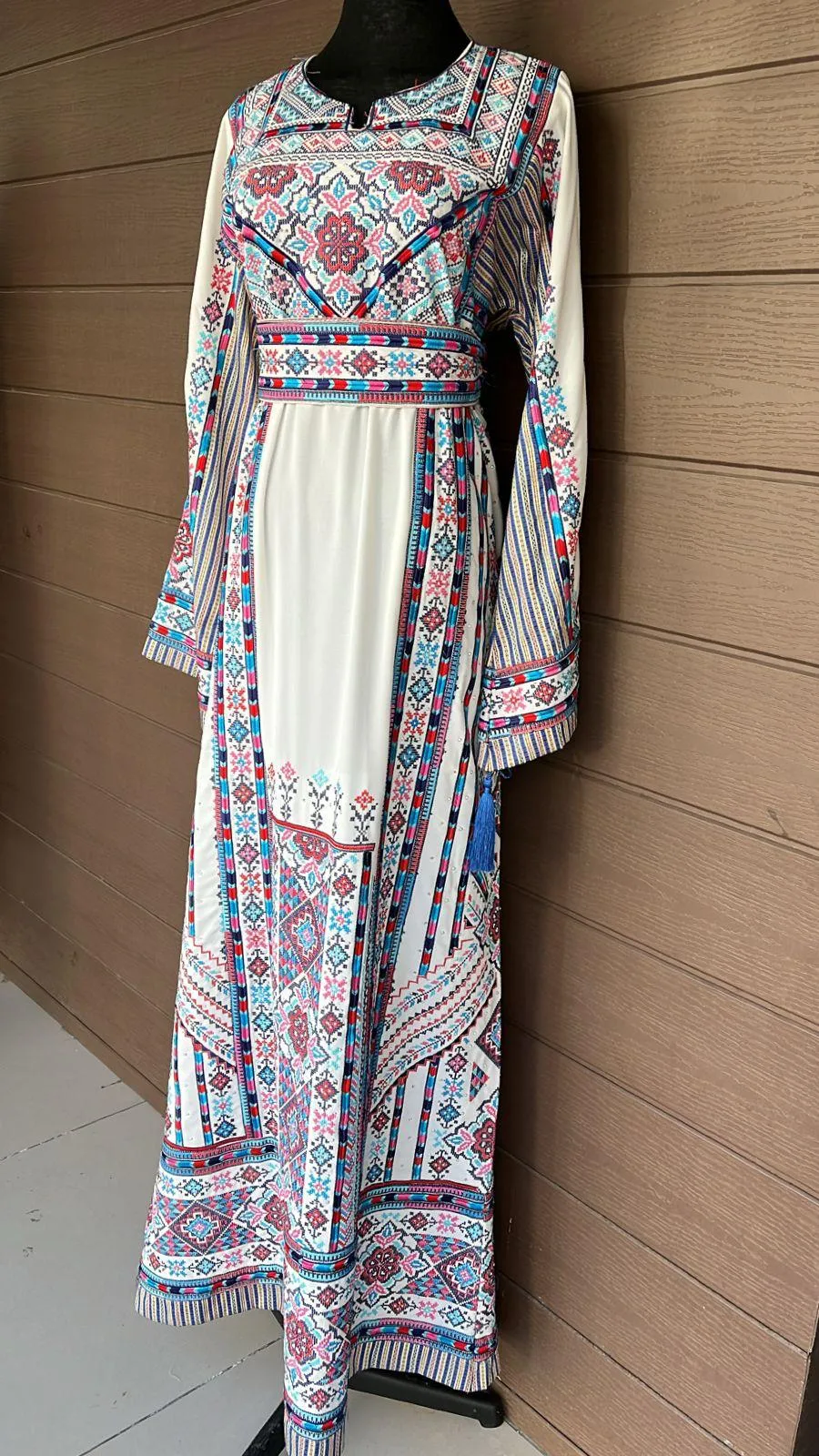 Full of Details White and Blue Palestinian Embroidered Thobe Dress with Kashmir Details