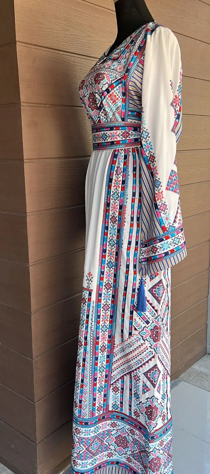 Full of Details White and Blue Palestinian Embroidered Thobe Dress with Kashmir Details