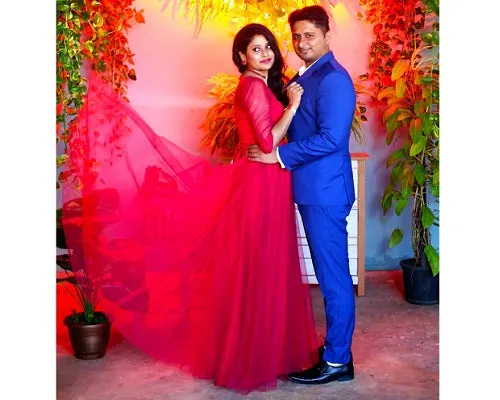 G183,(5) Wine Lace Half Sleeves Prewedding Shoot Infinity Long Trail Gown, Size (XS-30 to XL-40)