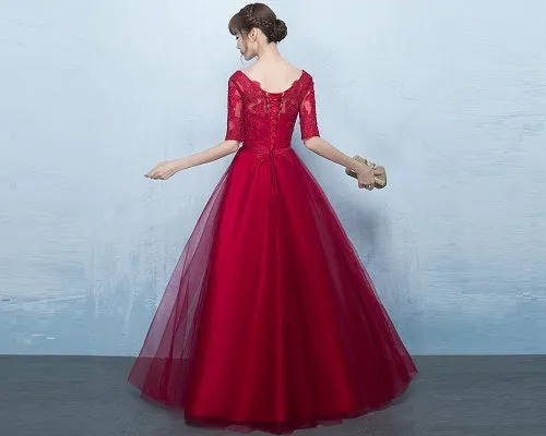 G183,(5) Wine Lace Half Sleeves Prewedding Shoot Infinity Long Trail Gown, Size (XS-30 to XL-40)