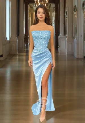 G2588 - Chic & Modern Sequins Strapless Ruched Long Prom Evening Dresses