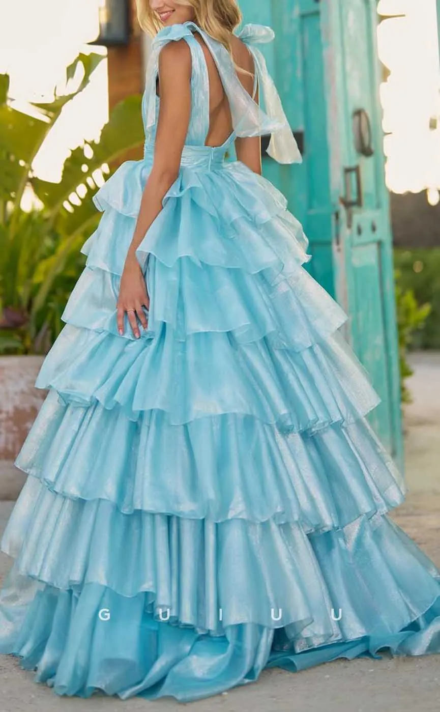 G4224 - Classic & Timeless Ballgown V-Neck Pleated Evening Gown Prom Dress with High Side Slit and Bows