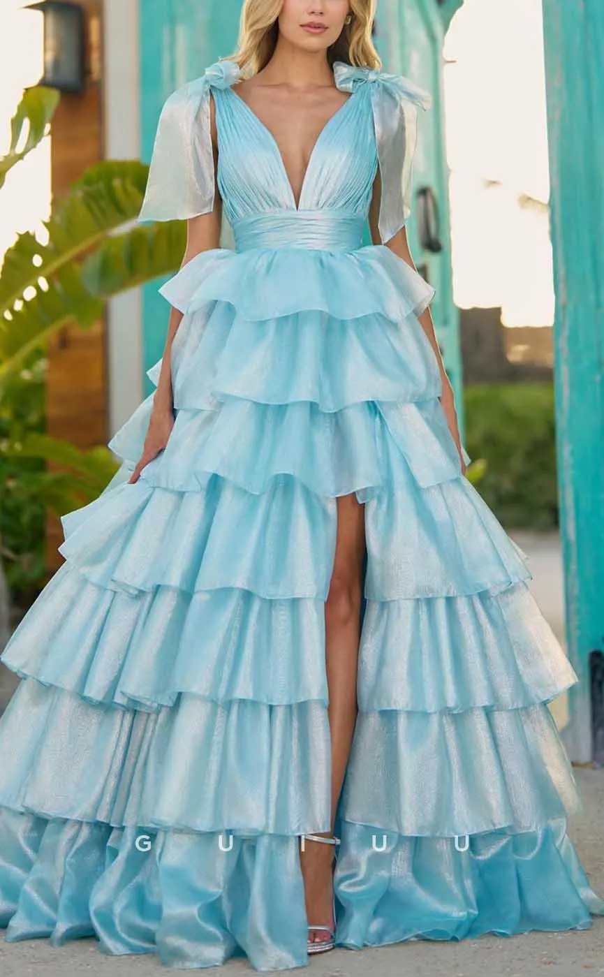 G4224 - Classic & Timeless Ballgown V-Neck Pleated Evening Gown Prom Dress with High Side Slit and Bows