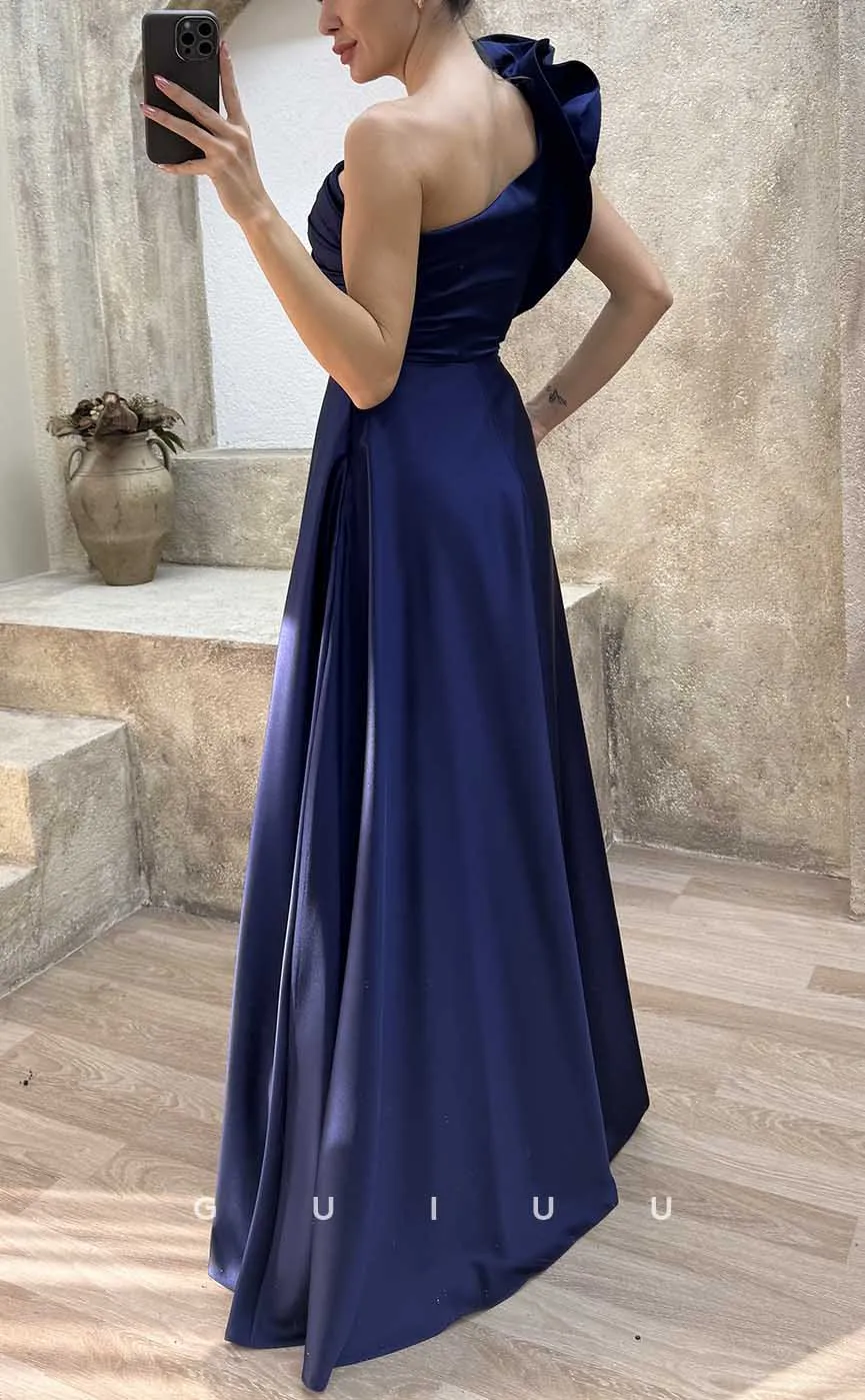 G4231 - Chic & Modern A-Line One Shoulder Draped Formal Evening Gown Prom Dress with High Side Slit and Ruffles