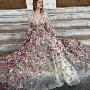 Garden Floral Embroidery Long Sleeve Evening Dresses SS231