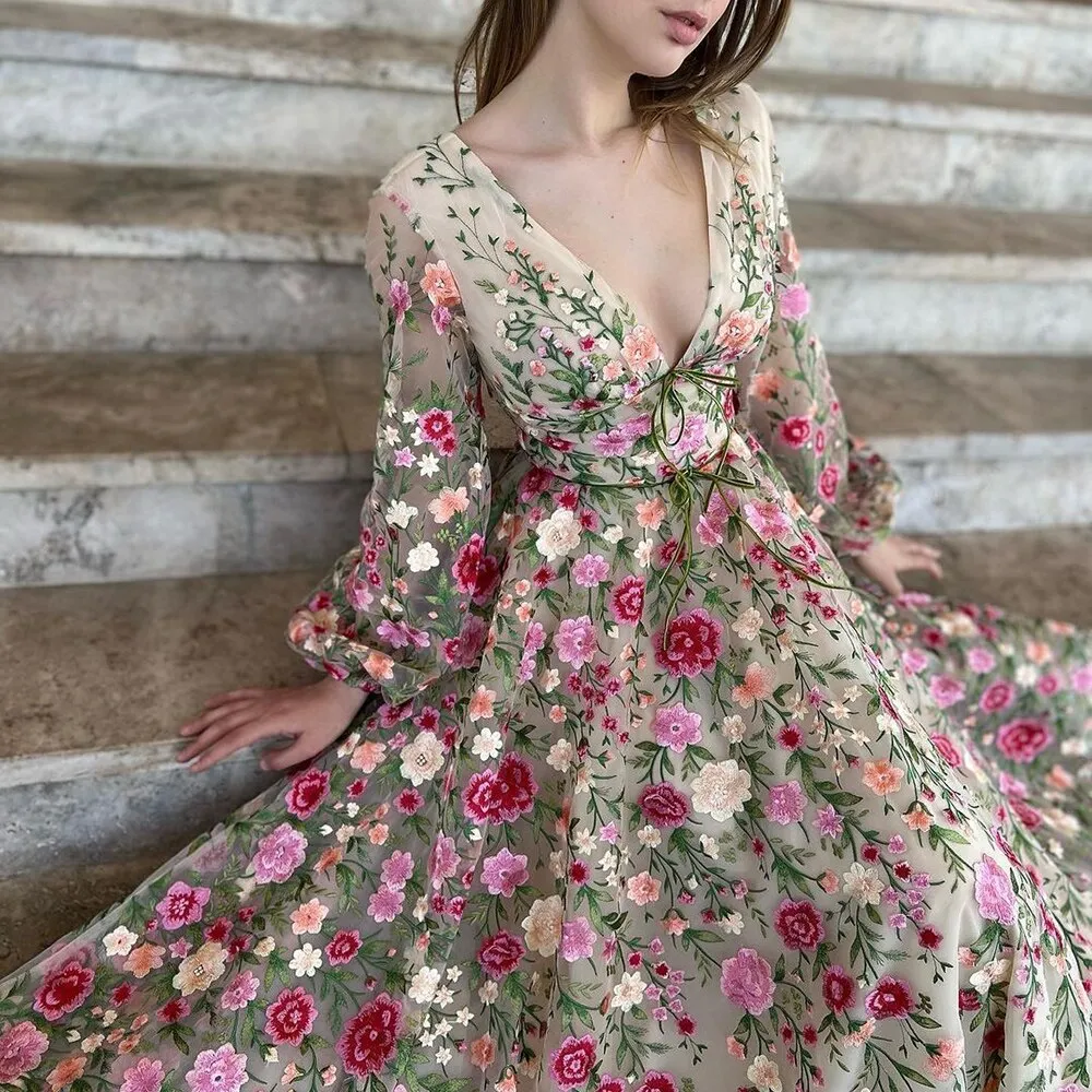 Garden Floral Embroidery Long Sleeve Evening Dresses SS231