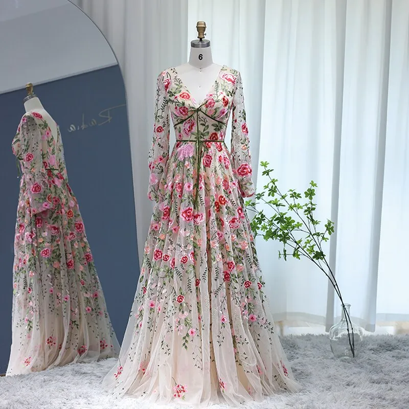 Garden Floral Embroidery Long Sleeve Evening Dresses SS231