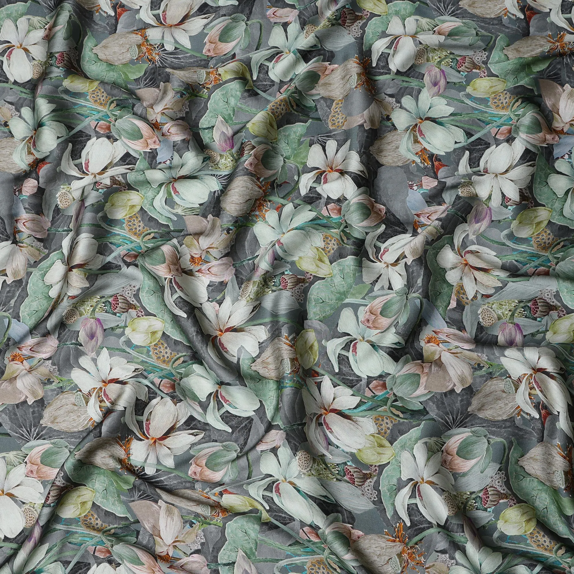 Gray Synthetic Modal Satin Fabric with Large White Floral Print, 110 cm Width-D20955