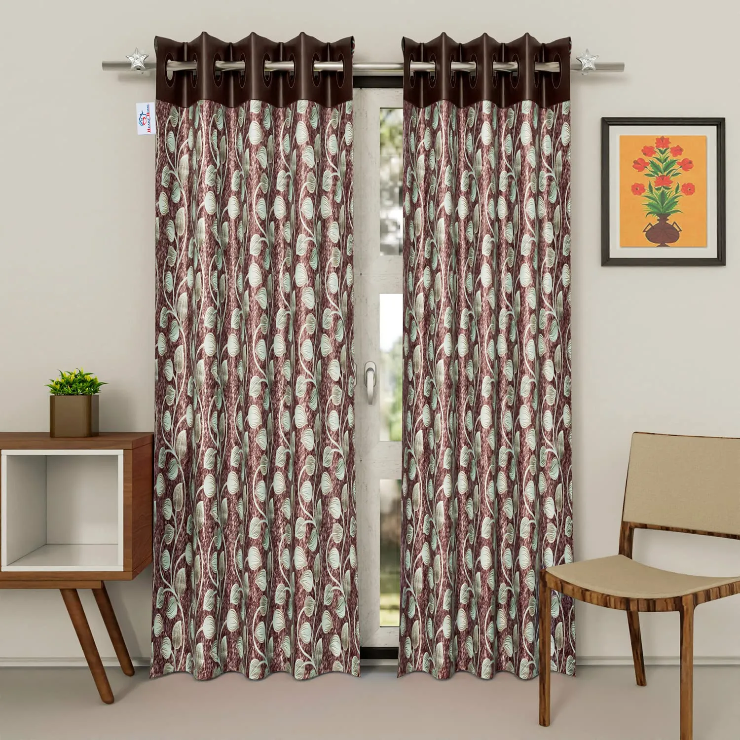 Heart Home Silk Decorative 9 Feet Long Door Curtain | Leaf Print Blackout Drapes Curtain with 8 Eyelet for Home & Office, Pack of 2 (Coffee)