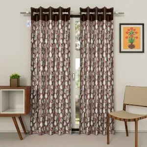 Heart Home Silk Decorative 9 Feet Long Door Curtain | Leaf Print Blackout Drapes Curtain with 8 Eyelet for Home & Office, Pack of 2 (Coffee)