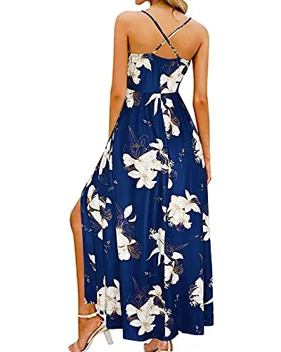 II ININ Women's Deep V-Neck Casual Dress Summer Backless Floral Print Split Maxi Dress for Beach Party(Navy,L)