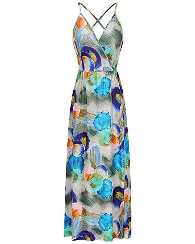 II ININ Women's Deep V-Neck Casual Dress Summer Backless Floral Print Split Maxi Dress for Beach Party(Navy,L)