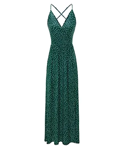 II ININ Women's Deep V-Neck Casual Dress Summer Backless Floral Print Split Maxi Dress for Beach Party(Navy,L)