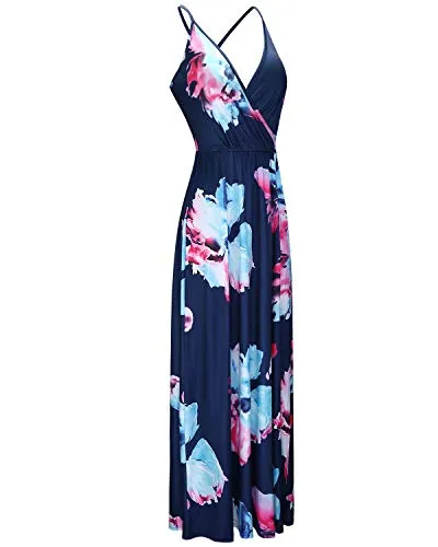 II ININ Women's Deep V-Neck Casual Dress Summer Backless Floral Print Split Maxi Dress for Beach Party(Navy,L)