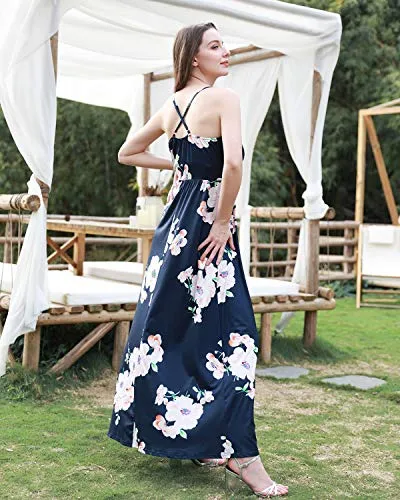 II ININ Women's Deep V-Neck Casual Dress Summer Backless Floral Print Split Maxi Dress for Beach Party(Navy,L)