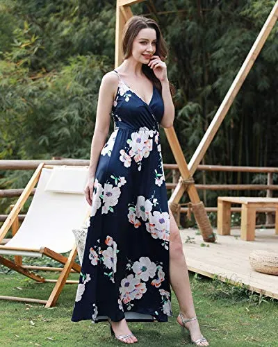 II ININ Women's Deep V-Neck Casual Dress Summer Backless Floral Print Split Maxi Dress for Beach Party(Navy,L)