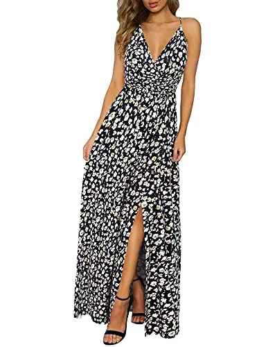 II ININ Women's Deep V-Neck Casual Dress Summer Backless Floral Print Split Maxi Dress for Beach Party(Navy,L)