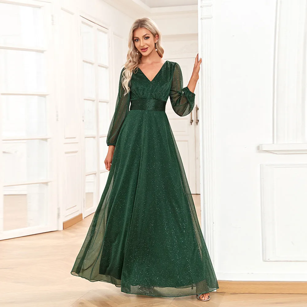 Jacqueline Elegant Green V Neck Long Sleeves Gown