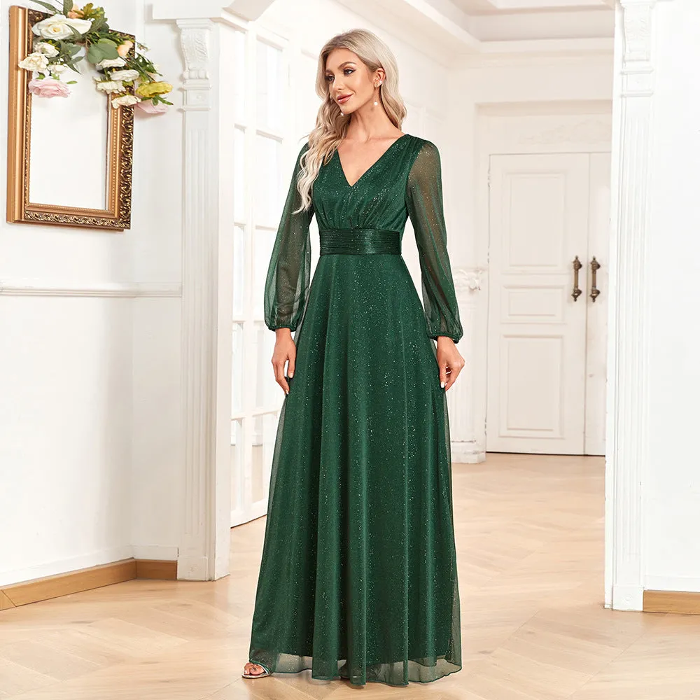 Jacqueline Elegant Green V Neck Long Sleeves Gown