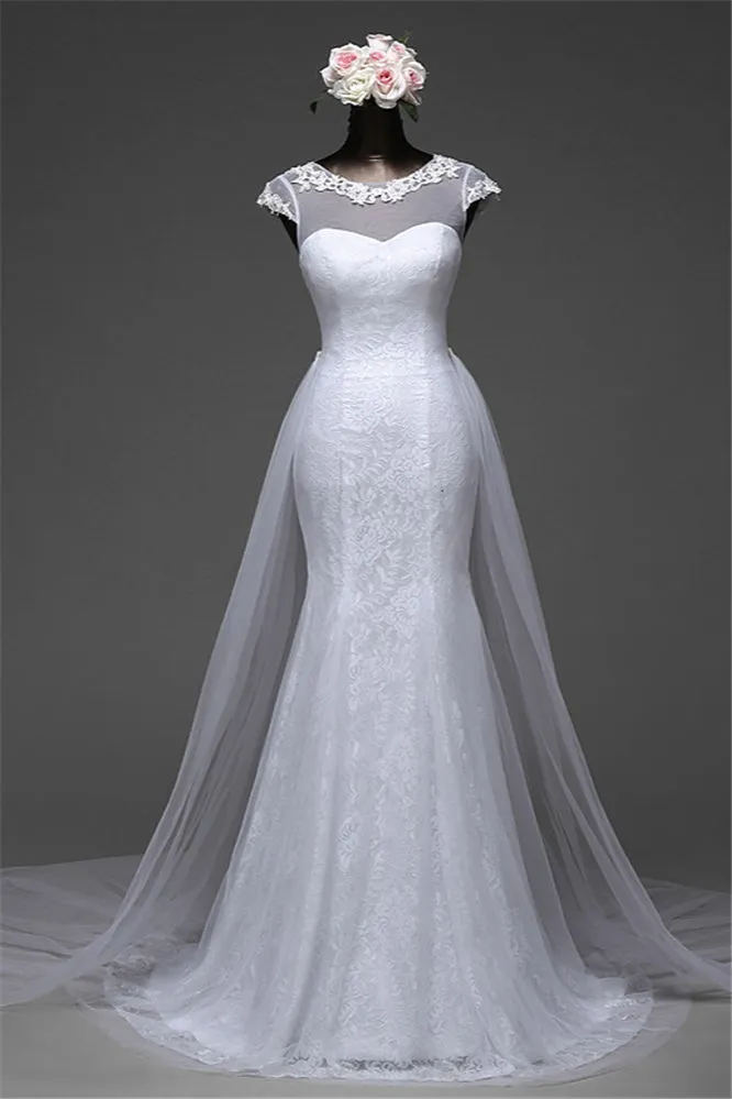 Jewel Neck Long Mermaid Lace Wedding Dress with Tulle Overskirt