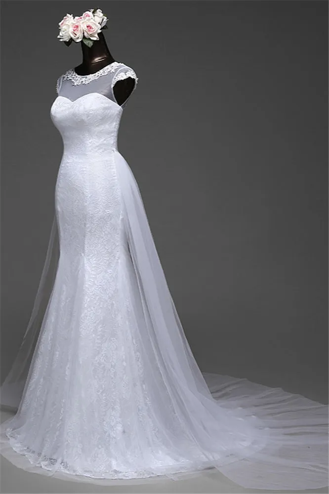 Jewel Neck Long Mermaid Lace Wedding Dress with Tulle Overskirt