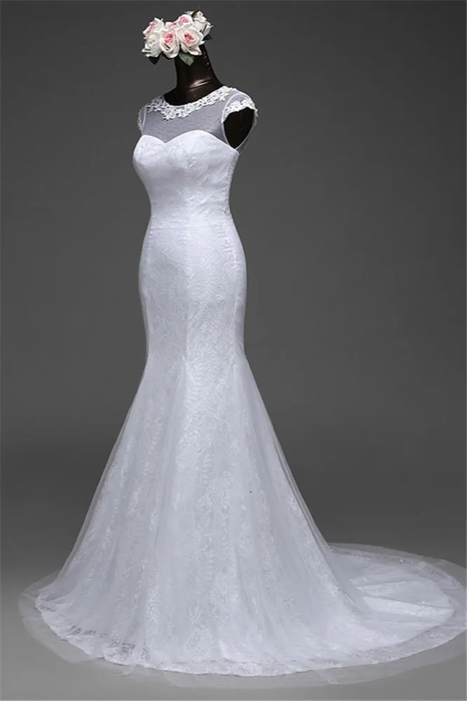 Jewel Neck Long Mermaid Lace Wedding Dress with Tulle Overskirt