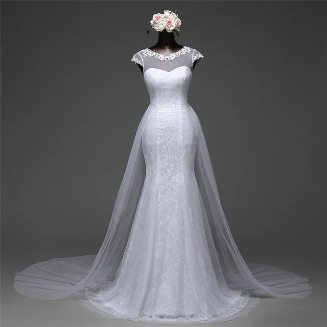 Jewel Neck Long Mermaid Lace Wedding Dress with Tulle Overskirt