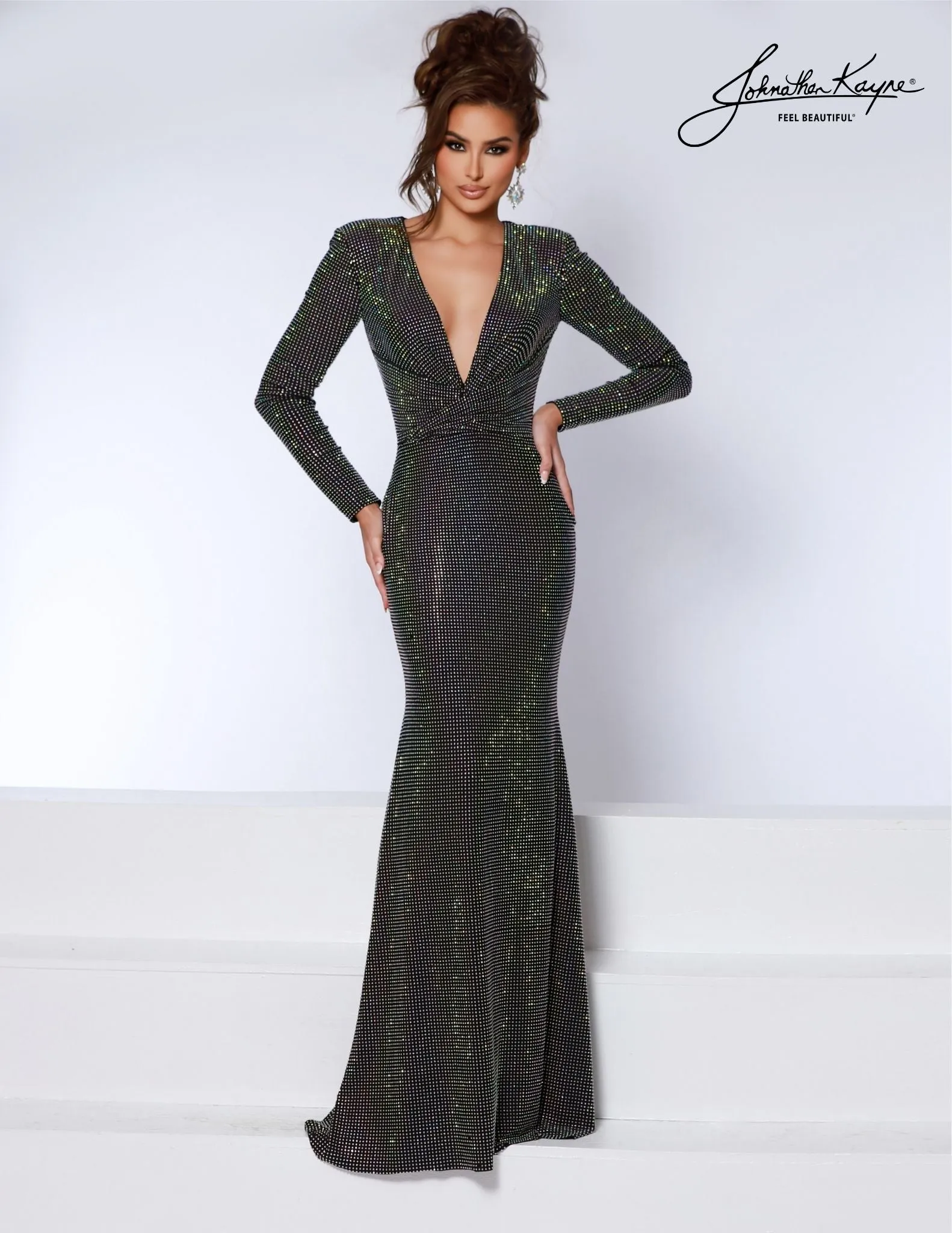 Johnathan Kayne 2901 Crystal Studded Long Sleeve V Neck Formal Dress Ruched Gown