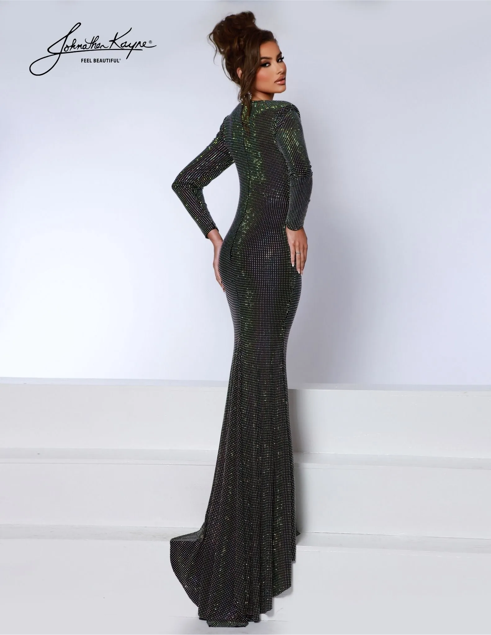 Johnathan Kayne 2901 Crystal Studded Long Sleeve V Neck Formal Dress Ruched Gown