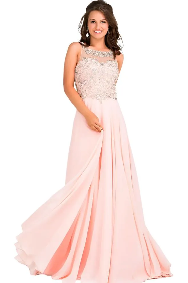 Jovani JVN27809 Peach size 10 A Line Sheer Embellished Formal Dress Backless