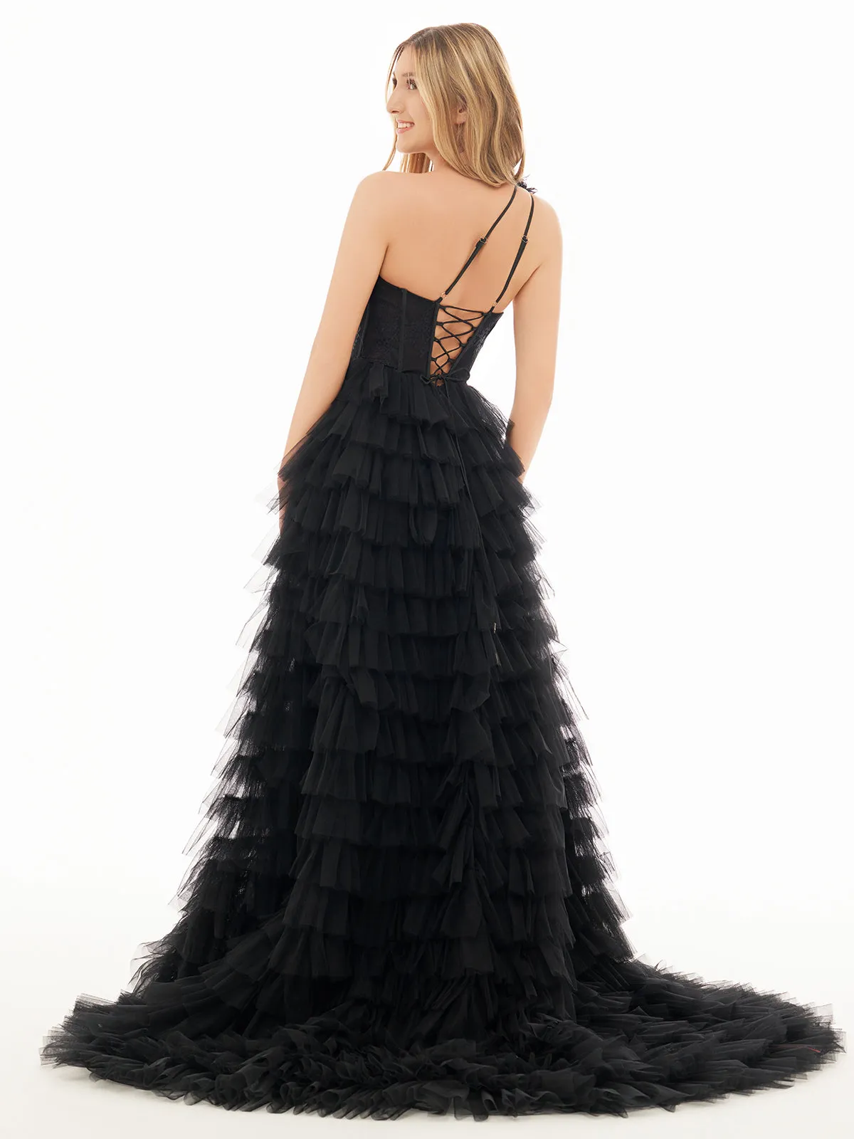 Kinsley | A Line One Shoulder Tiered Long Prom Dress