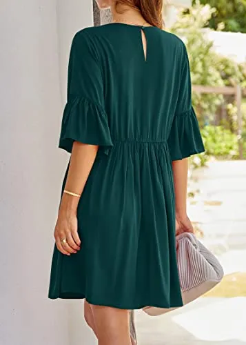 KIRUNDO 2023 Summer Women Bell Sleeve Floral Embroidered Mini Babydoll Dress Boho Casual Round Neck Flowy Tunic Shift Dress(Dark Green, Large)