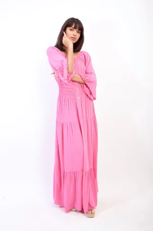 Leah Dress, Ruffle Hem Sleeve Shirred Waist Tiered Maxi Bohemian Dress