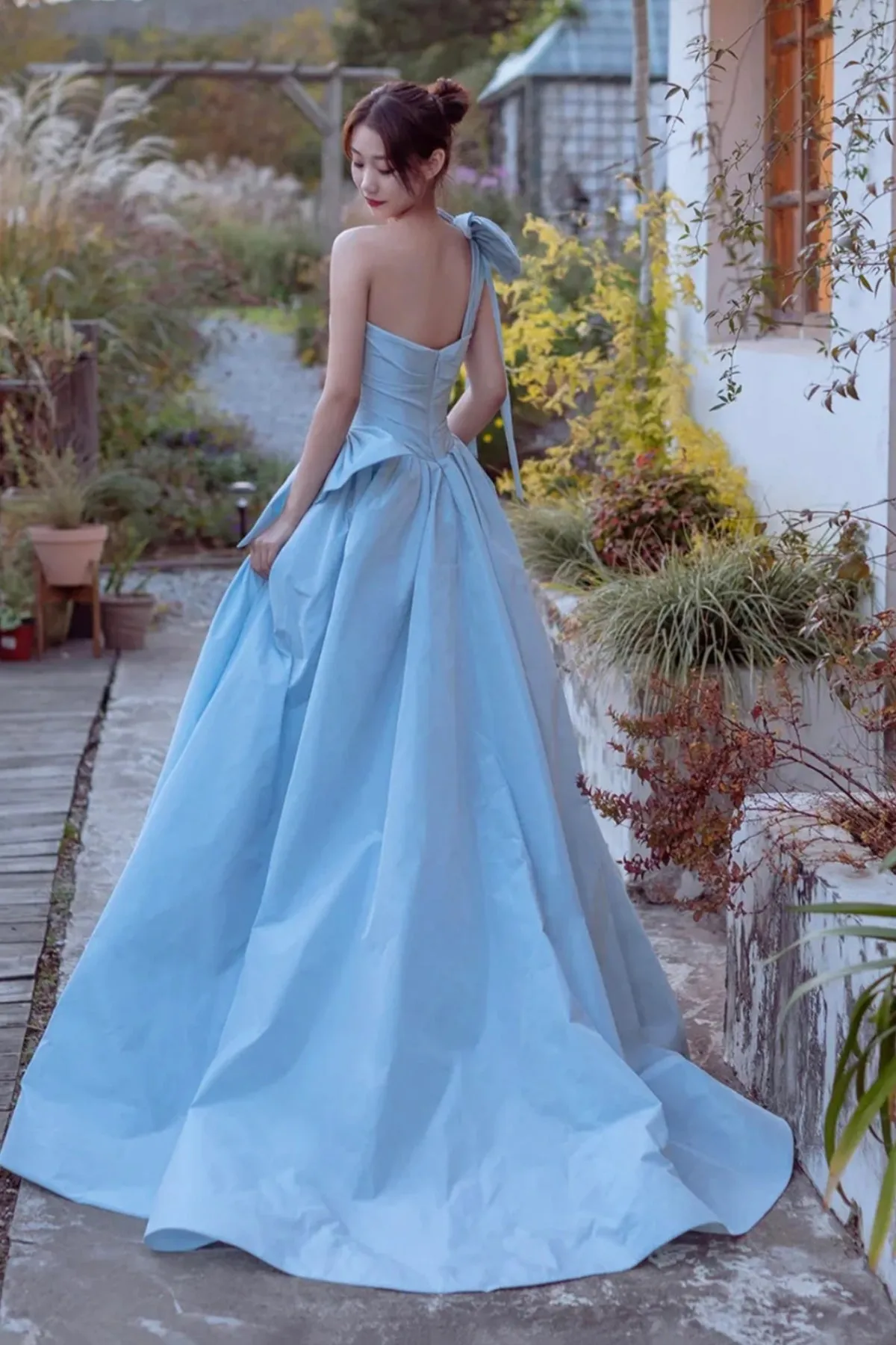 Light Blue One Shoulder Open Back Satin Long Prom Dresses, Long Light Blue Formal Graduation Evening Dresses WT1383