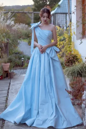 Light Blue One Shoulder Open Back Satin Long Prom Dresses, Long Light Blue Formal Graduation Evening Dresses WT1383