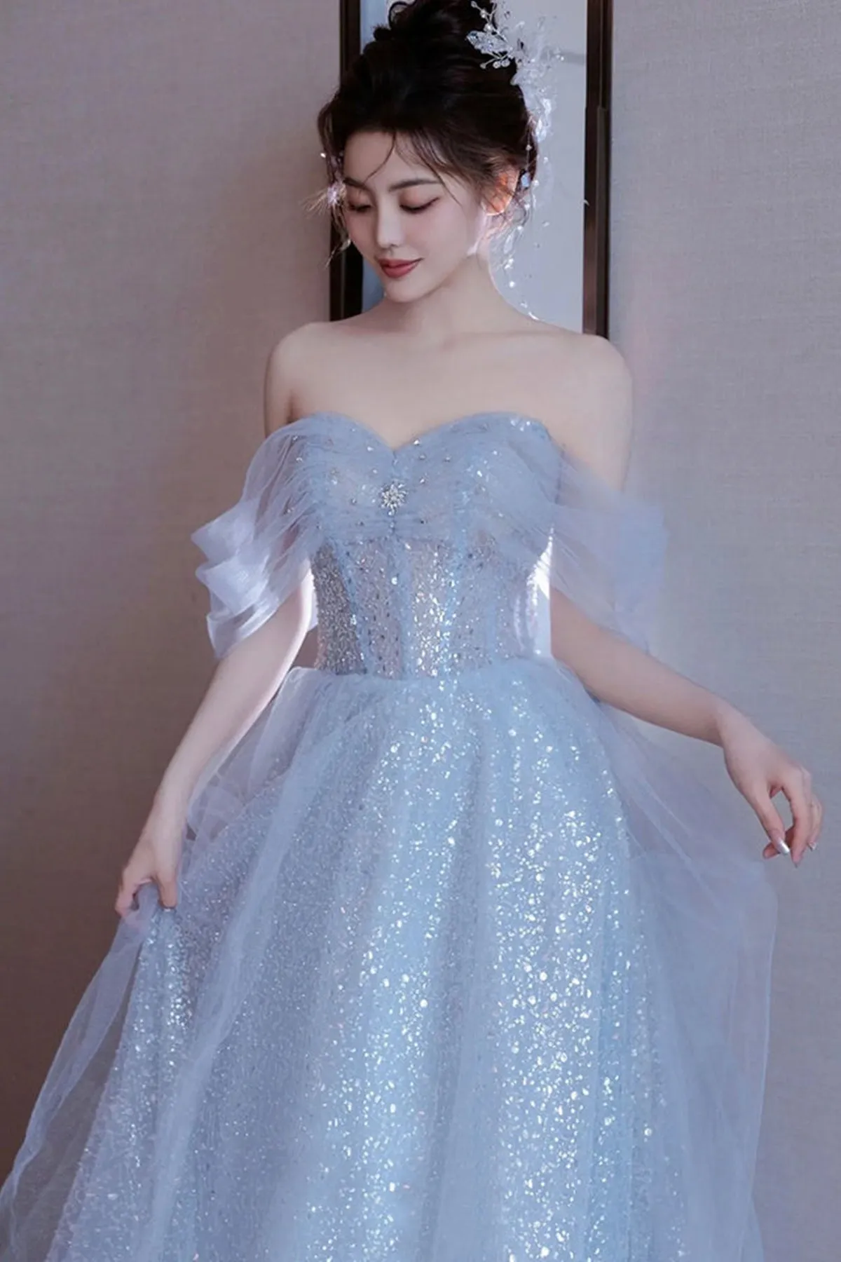 Light Blue Sequins Off the Shoulder Tulle Long Prom Dresses, Off Shoulder Light Blue Formal Dresses, Blue Evening Dresses WT1256