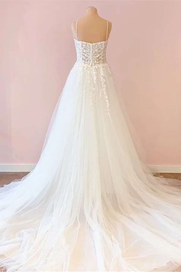 Long A-Line Sweetheart Tulle Appliques Lace Wedding Dress