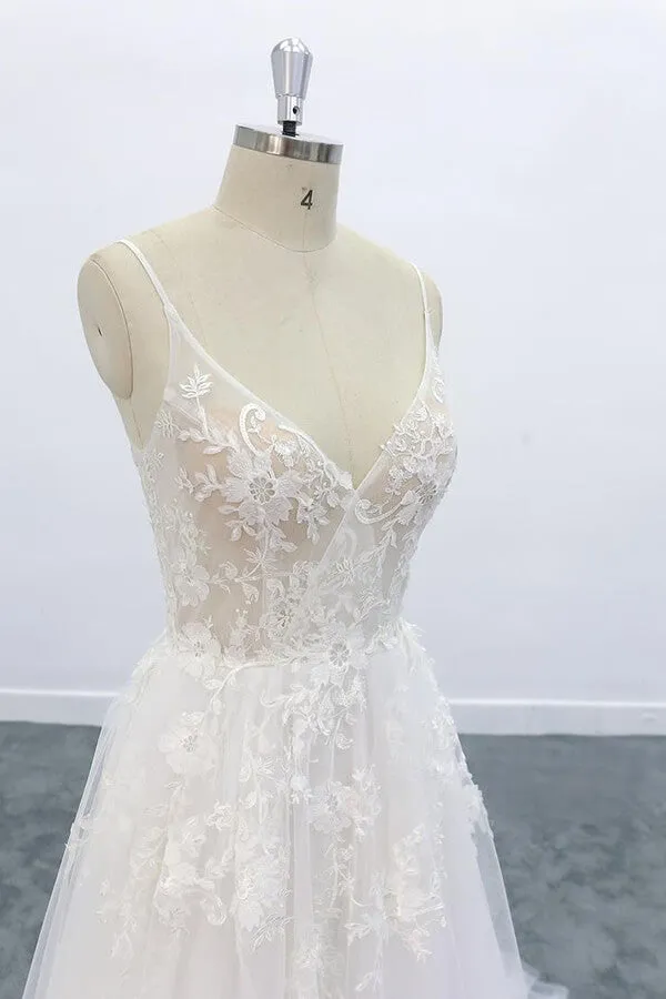 Long A-line V-neck Backless Appliques Lace Tulle Wedding Dress