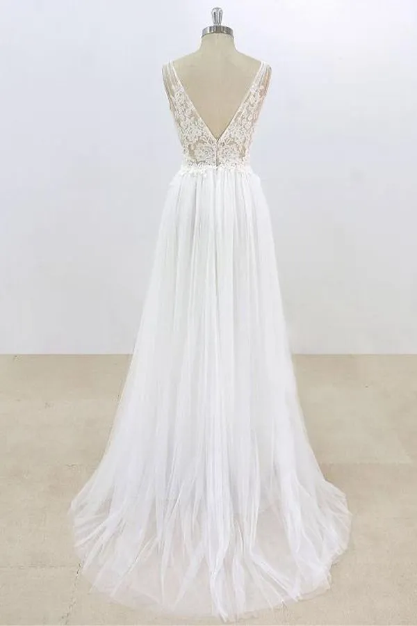 Long A-line V-neck Lace Tulle Open Back Wedding Dress