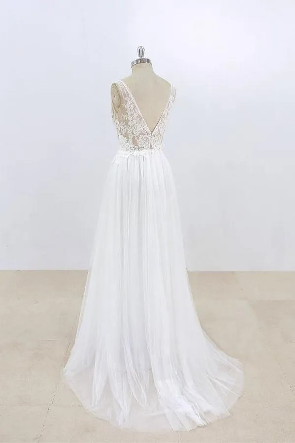 Long A-line V-neck Lace Tulle Open Back Wedding Dress